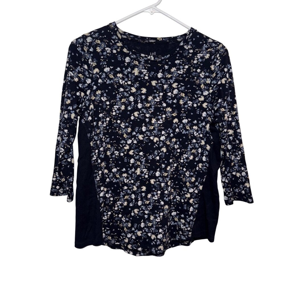 J.Jill Womens Navy Floral Pima Cotton 3/4-Sleeve Side-Inset Tee Petite Small